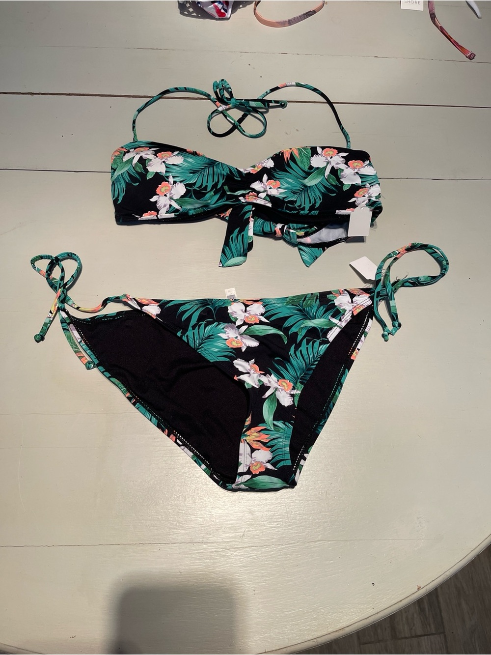 Ardene Black Bandeau Bikini with Green & White Tropical Print